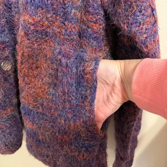 Vintage Chand Elle Fuzzy Hooded Cardigan Purple Rust Marled Wool Blend M - Picture 4 of 10